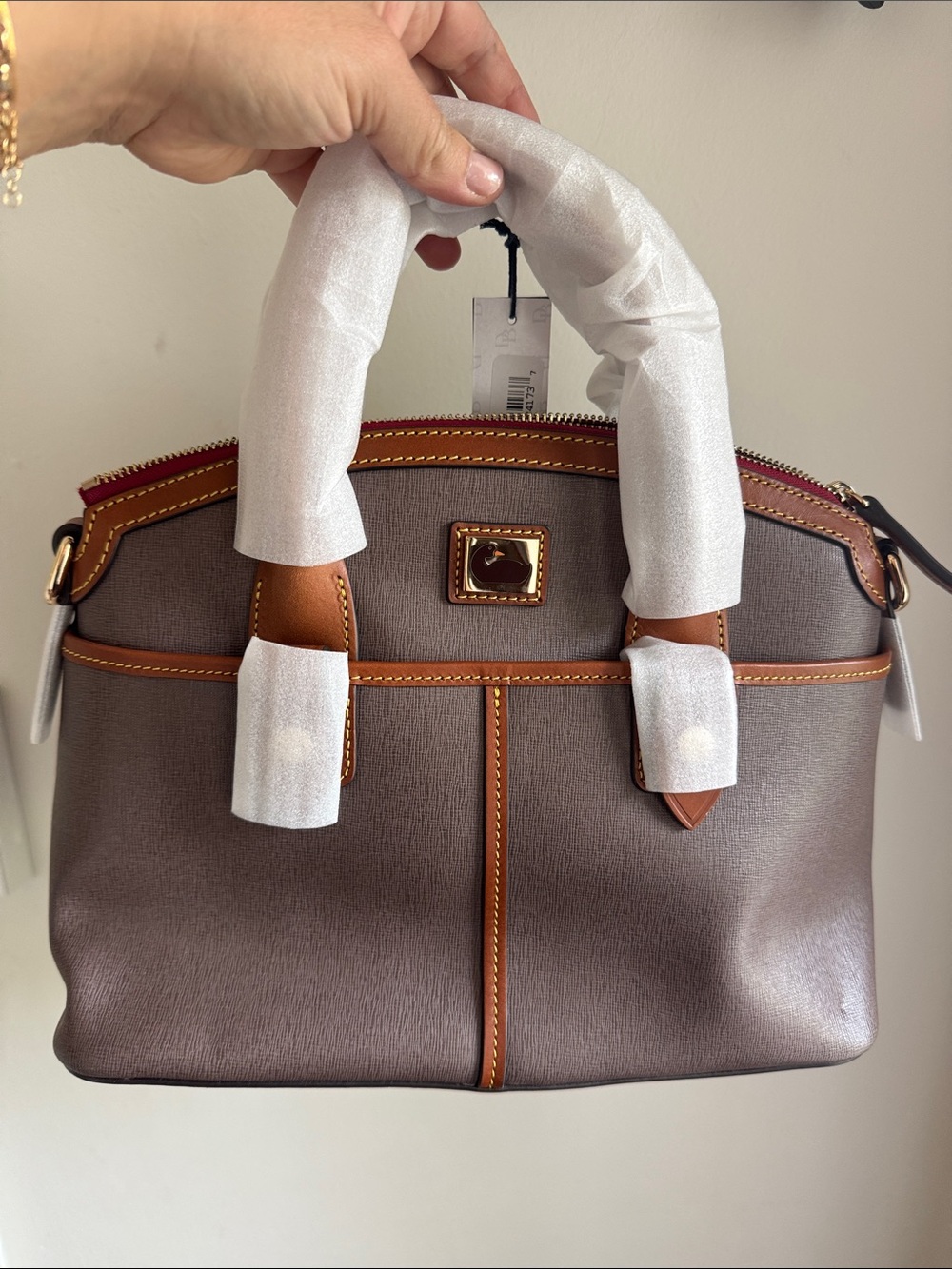 Dooney & Bourke Gray Dome Satchel with Brown Trim